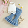 Brand fashionable set, clothing for leisure sleevless, top, denim flared trousers