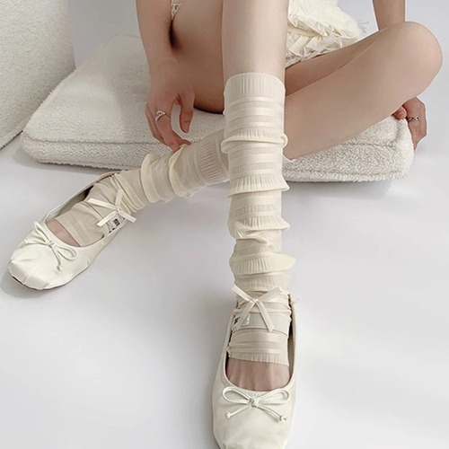 Summer and Autumn Teenage Girl Lace Sheer Stocking Set with Butterfly Bow Sunscreen Pure White Leggings Japanese Style Knee-high Stack Socks Retro Style