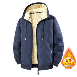 XS-3XL跨境欧码连帽超声波羊羔绒棉衣男中老年加绒加厚棉服外套男