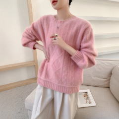 秋冬新款羊毛七针加厚女圆领针织衫长袖女绞花套头打底衫羊绒上衣