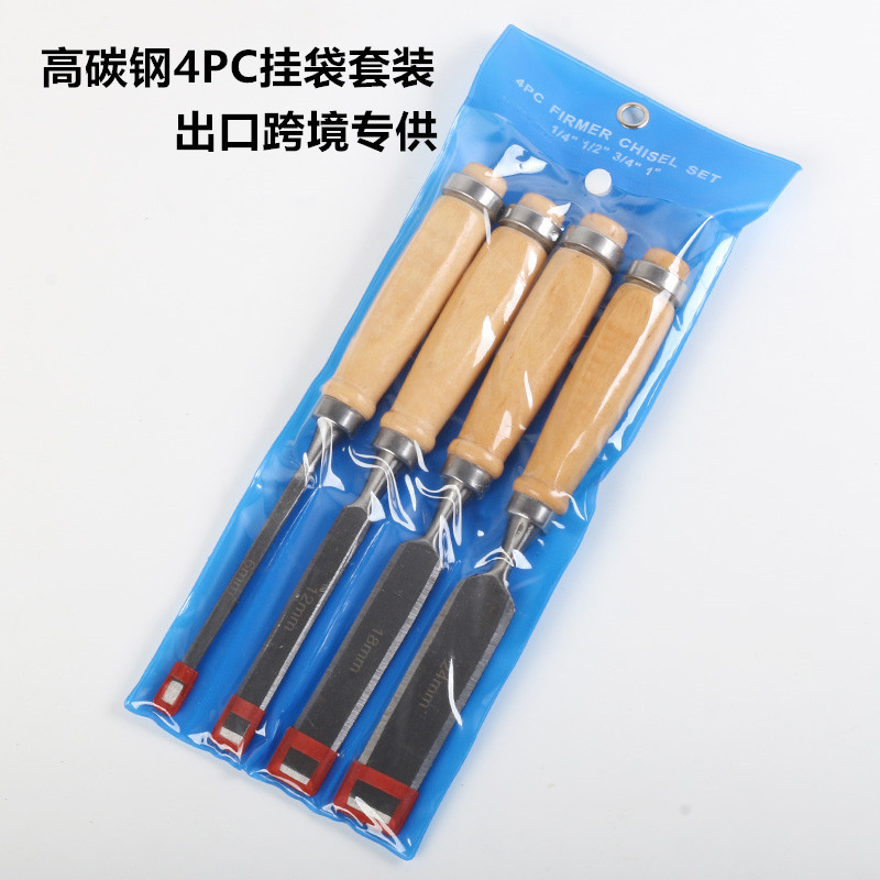 大工ノミクロムバナジウム鋼ケヤキ柄手切りフラットカッター平切り4PCSセット大工道具セットクロスボーダー|undefined