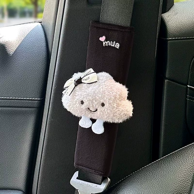 Shoulder Protectors, Factory Direct – Seat belt shoulder pad - smiling-cloud-with-white-bow-black-plush-shoulder-pad-black-short-velvet-257cm-mua-gray-cloud-style