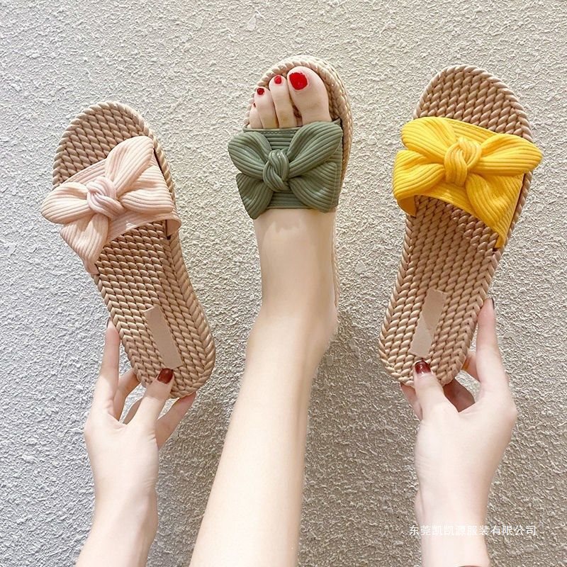 Women's Summer and Autumn Fashion Slippers with Bow, 2026 New Trendy Korean Style, Non-Slip, Lemon Yellow