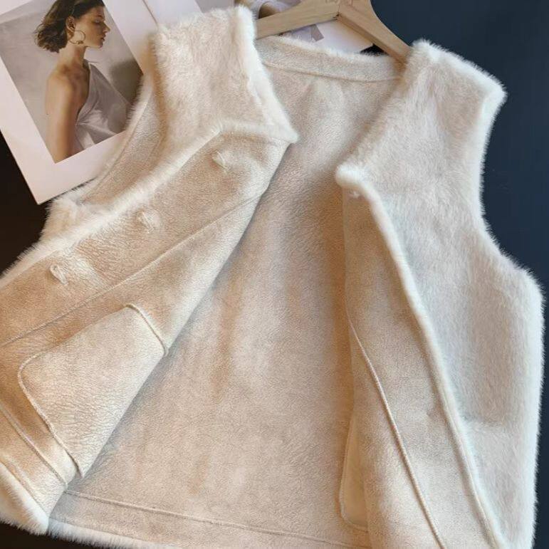 Áo vest nữ phối lông cừu cổ chữ V dáng ngắn mặc ngoài mùa đông — màu xám nhạt, đen