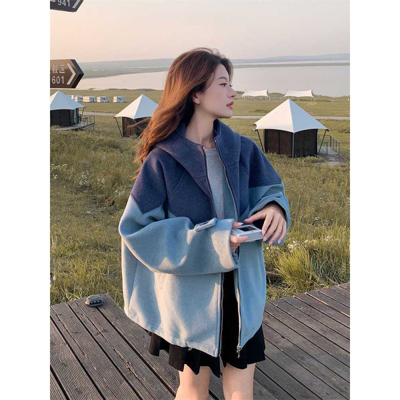 Blue Contrast Hooded Woolen Outwear Autumn and Winter 2025 New Small Woolen Outwear Popular Korean Design