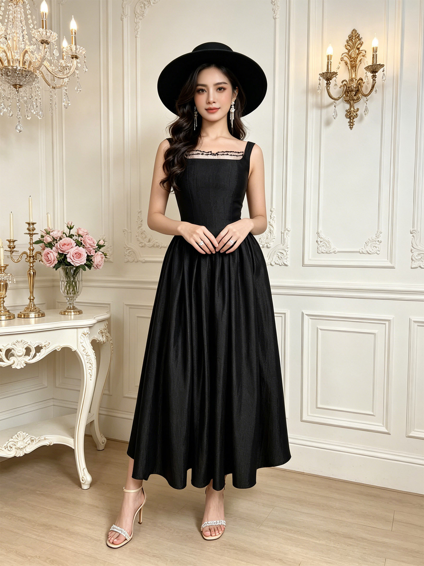 Đầm maxi nữ thắt eo cổ vuông dây mảnh phong cách Hepburn — đen