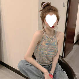 大码甜美彩挂脖圆领外穿针织背心女2026夏季新款露肩无袖打底上衣