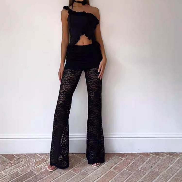 Cross-Border European and American Style 2025 Autumn Women's New Product Pure and Sexy See-Through Lace Splicing Low-Waist Flared Trousers