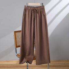 綿とリネンのワイドレッグパンツ、女性用9点パンツ、夏用、薄手、涼しく、通気性、伸縮性、ハイウエスト、カジュアル、ルーズ、スリム、ストレートパンツ
