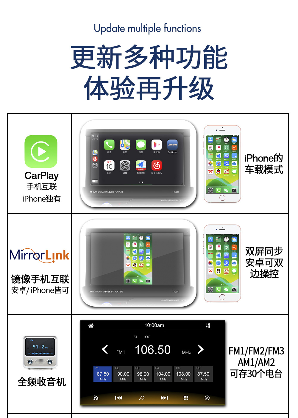 T100W 7inch Car Mp5 Player Single Spindle Wireless Carplay Manual Retractable Screen Car Bluetooth Radio