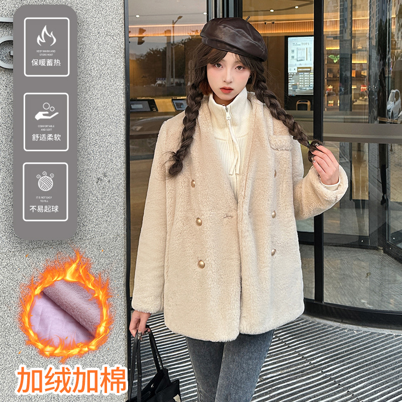가을 겨울 플러시 코트 여성 캐주얼 v 넥 두꺼운 방한 따뜻한 친환경 모피 코트 더블 브레스트 코튼 코트