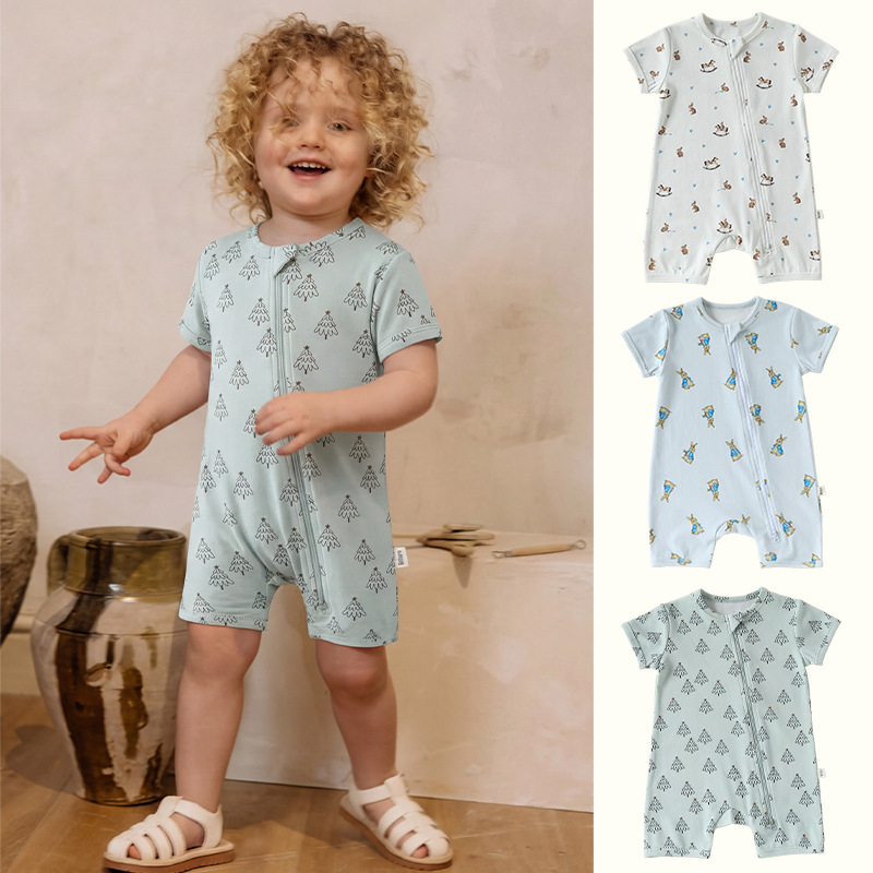 Ins-Style Baby Romper Summer Nordic-Style Jumpsuit for Boys and Girls with Zipper Short-Sleeve Newborn Crawling Outfit