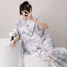 棉绸睡衣女夏季新款大码短袖开衫套装春秋薄款高级感轻奢家居服