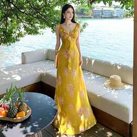 法式绝美荷叶边v领黄色碎花吊带连衣裙仙女海边氛围感度假风长裙