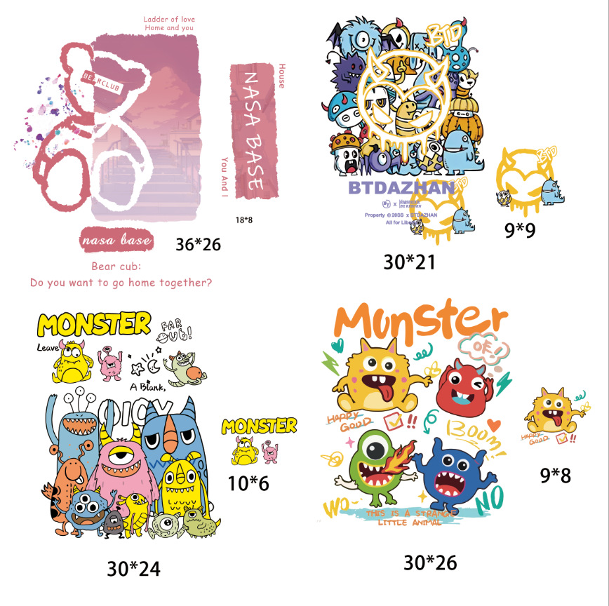 韩版卡通怪兽涂鸦印花A级过粉图案热转印柯式烫画烫图贴箱包围裙