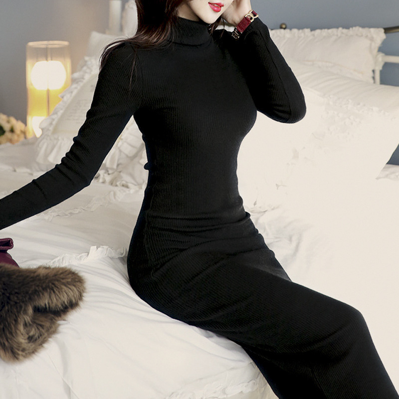 [Order Wholesale] Turtleneck Sweater Women's Knitted Dress Extra Long Over-The-Knee Slim Fit Warm Bottoming Shirt