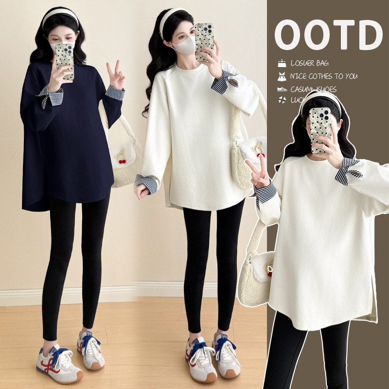 Real Shot of Maternity Wear Spring 2026 Long-Sleeve Faux Two-Piece Sweatshirt Loose Mid-Length T-Shirt That Covers the Hips Real Shot of Maternity Wear Spring 2026 Long-Sleeve Faux Two-Piece Sweatshirt Loose Mid-Length T-Shirt That Covers the Hips