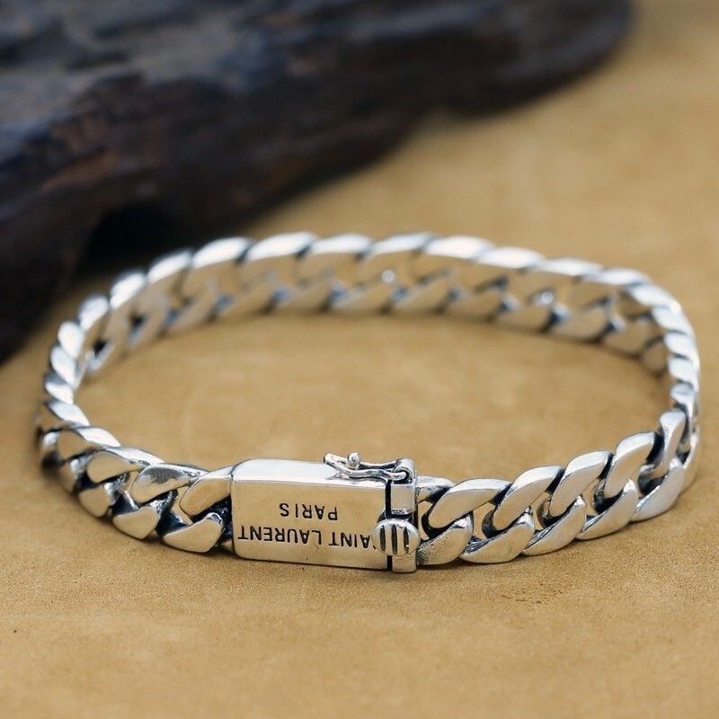 925 Sterling Silver Simple Plain Silver Chain Korean Style Couple Engraved Bracelet Thai Silver Men's Cuban Chain Personalized Gift