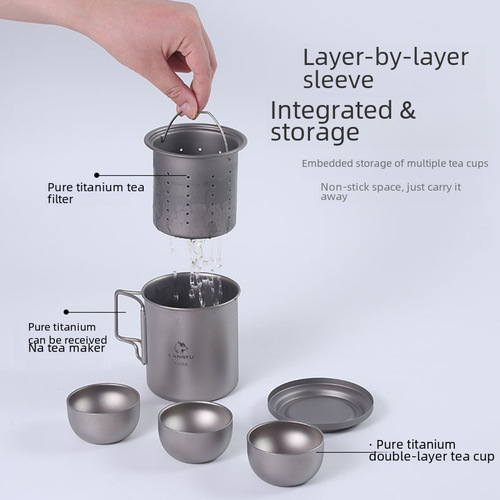 Portable pure titanium Gongfu tea set for outdoor travel, brewing cup with foldable handle and filter, camping set
