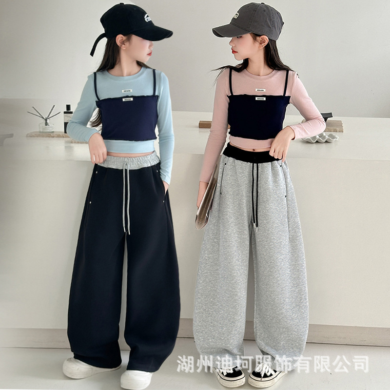 跨境女童T恤假两件上衣2025新款儿童韩系中大童时髦秋装打底衫潮