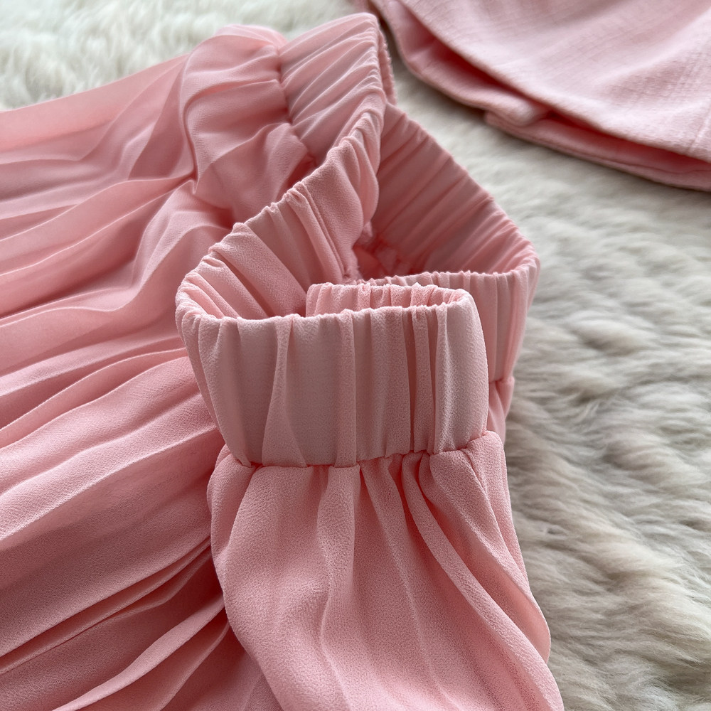 Inspired Women's Pink Two Piece Set Summer Short Sleeve High Waisted Pleated Skirt Sophisticated And Elegant_ecoleips.com