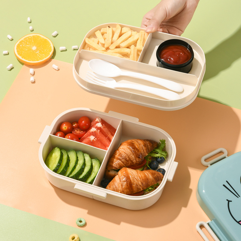 Caja de almuerzo para niños de dibujos animados gatos sellado con taza de salsa a prueba de fugas para estudiantes calentamiento de microondas de doble capa caja de almuerzo dividida