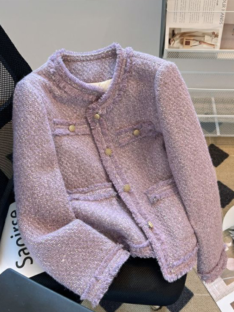 Autumn and Winter Small Fragrant Style Jacket for Women, New Autumn Purple Petite Socialite Tweed Blazer