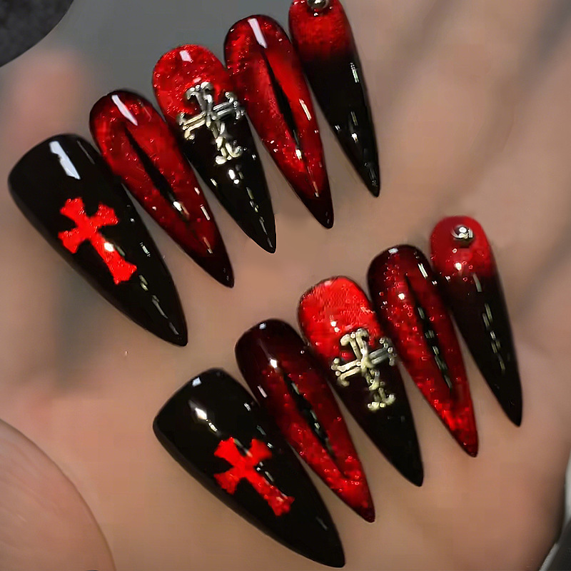 24 Pieces of Cross-Border Halloween Popular Almond Cat Eye Ins Style Wearable Nails Dark Gradient Cross Nail Pieces Wearable 24 Pieces of Cross-Border Halloween Popular Almond Cat Eye Ins Style Wearable Nails Dark Gradient Cross Nail Pieces Wearable