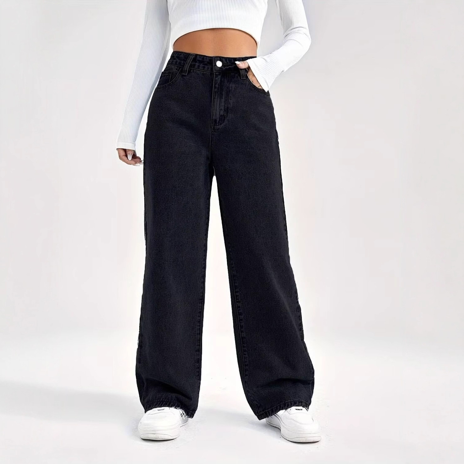High-Waisted Straight Leg Jeans Women's Loose Fit Wide Leg Pants Solid Color European American Style Petite Size Autumn Winter_ecoleips.com