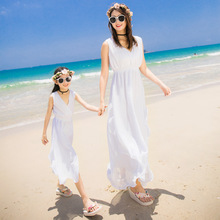 母女装海边度假沙滩裙白色雪纺连衣裙2023新款夏亲子装女童长裙仙