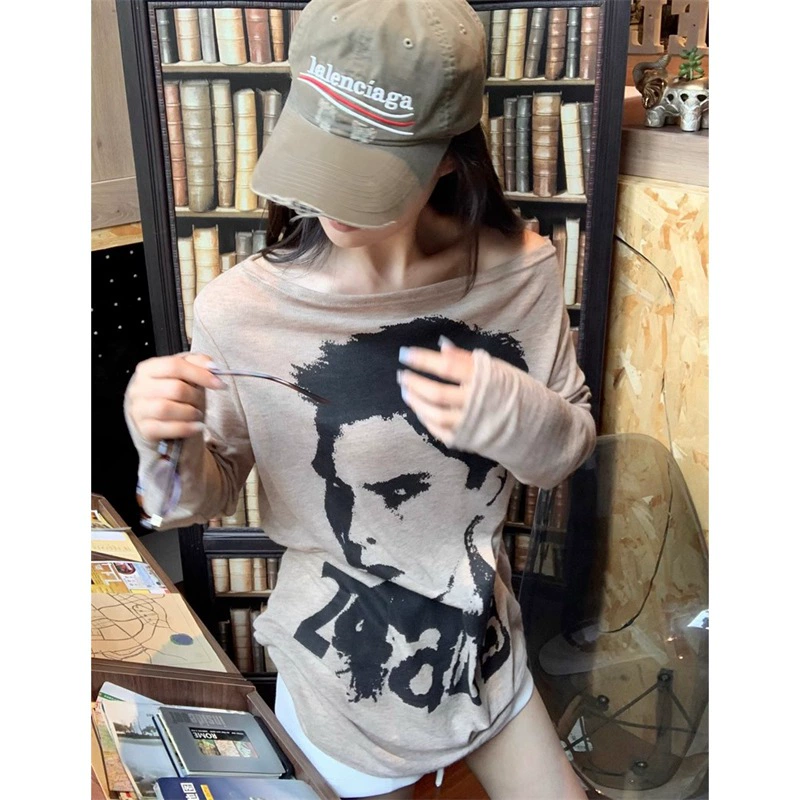 Официальное фото Jinliang [готовый запас + оригинальная ткань] Футболка с длинными рукавами в американском ленивом стиле, солнцезащитная блузка, свободный топ