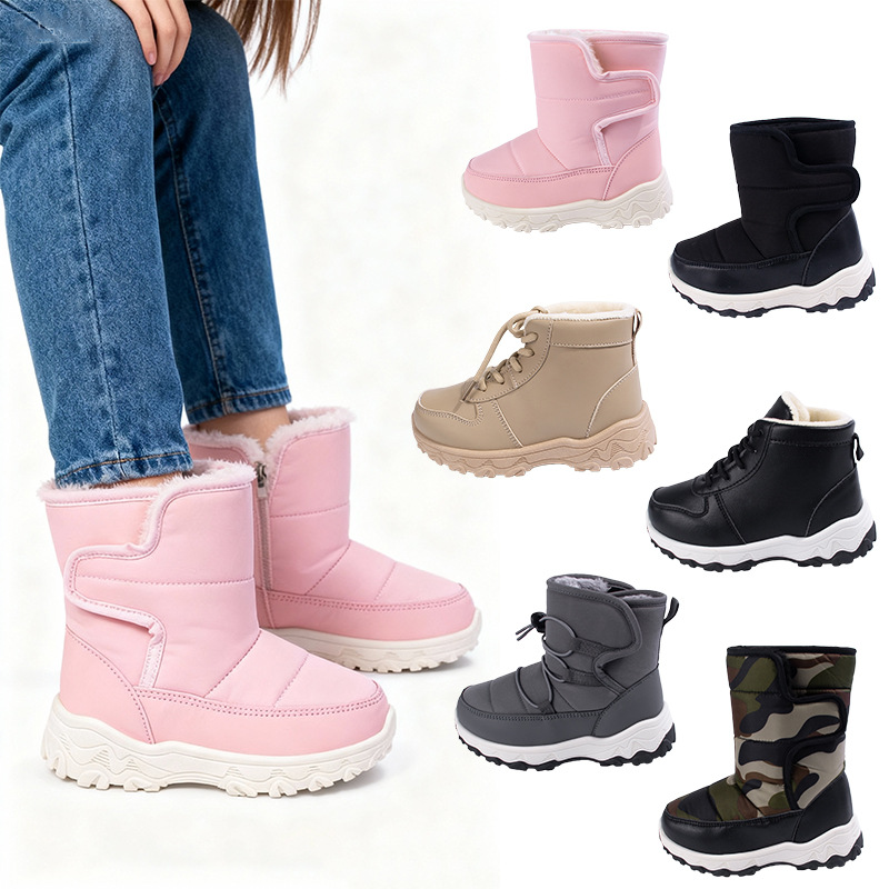 New Winter Boots for Girls, Thickened and Warm, with Velcro Straps, Children's Snow Boots, Boys' Casual Soft-Soled Sports Cotton Shoes