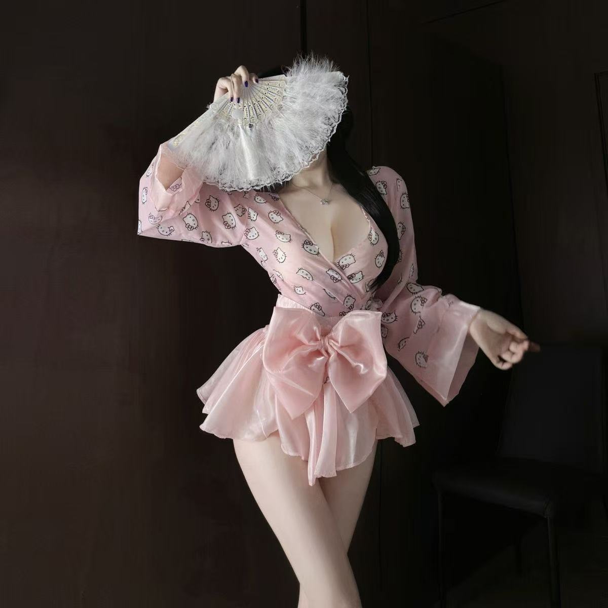 Japanese-Style Kitty Cat Print Kimono Lingerie Set with Bow Tie and Deep V — detail image 4