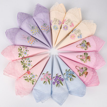 高档60支纱布手帕蝴蝶花蕾丝花边刺绣纯棉女士手帕跨境亚马逊手绢