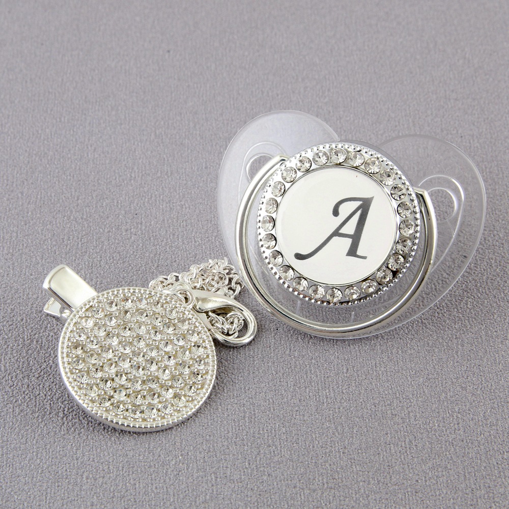 Cross-border hot-selling baby pacifier 26 letters silver transparent high-grade drill soothing mouth with chain