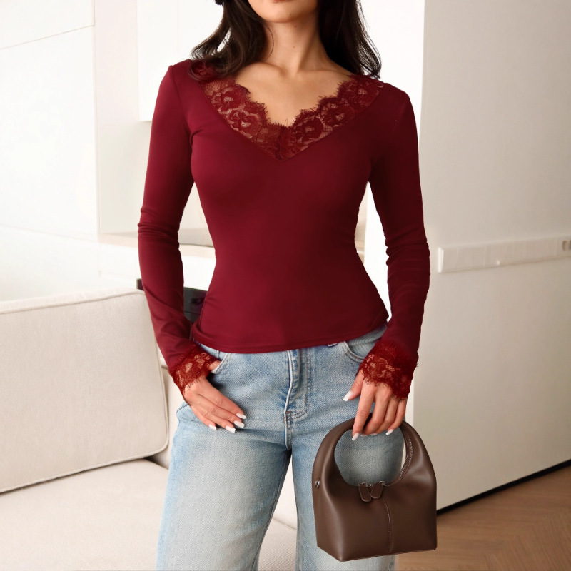 Europa y los Estados Unidos ventas transfronterizas primavera nueva moda de mujer de color sólido de moda de cuello en V encaje empalmado cintura gorra image 5