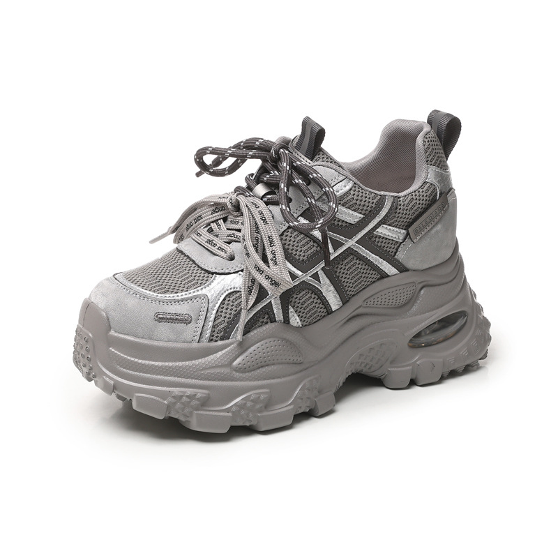 Giày sneaker nữ đế dày tăng chiều cao lưới thoáng khí — xám xanh