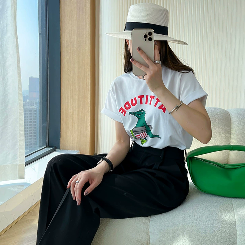 Женская футболка-поло из чистого хлопка с принтом, свободного кроя, утягивающая, универсальная, с коротким рукавом, круглым вырезом, весна-лето 2025, трендовая модель от бренда INS