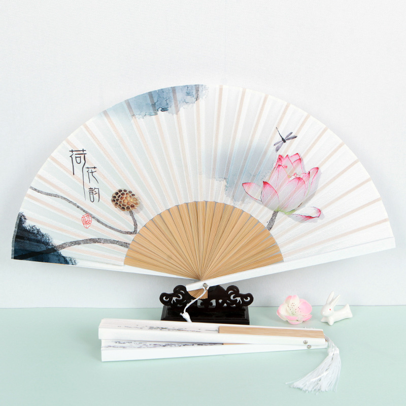 Summer folding fan, lady's style, ancient Chinese style, retro Chinese style, lotus flower, classical, portable, foldable fan, cultural and creative gift, fan