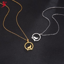 跨境电商饰品 个性嘻哈不锈钢镂空狼傲叫情侣锁骨项链18K真金电镀