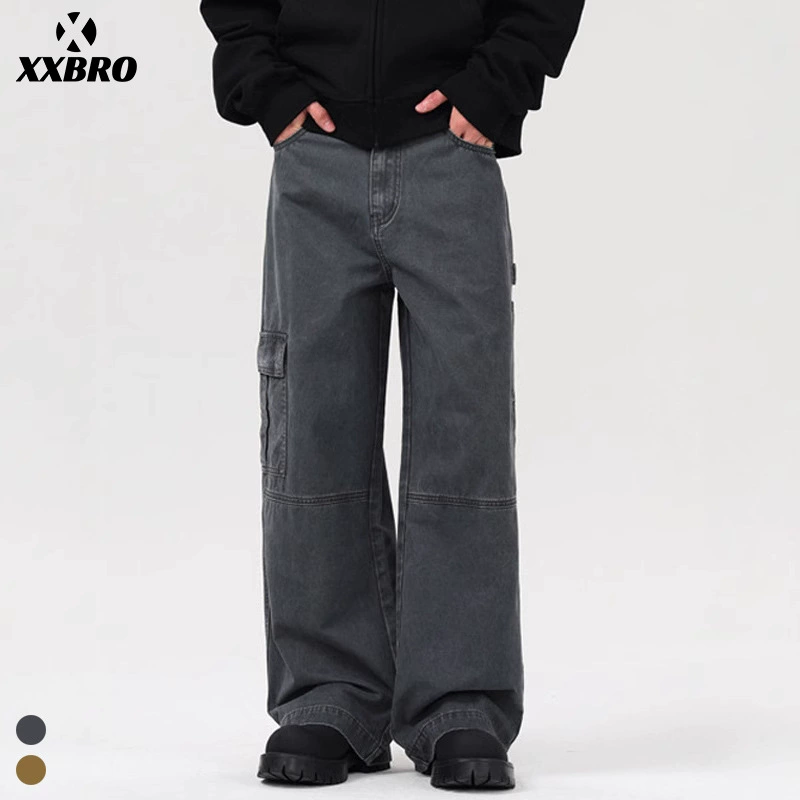 Мужская одежда xxbro # Мужские прямые повседневные брюки карго из чистого хлопка в американском ретро-стиле, функциональные, широкие, для осенне-зимнего сезона.