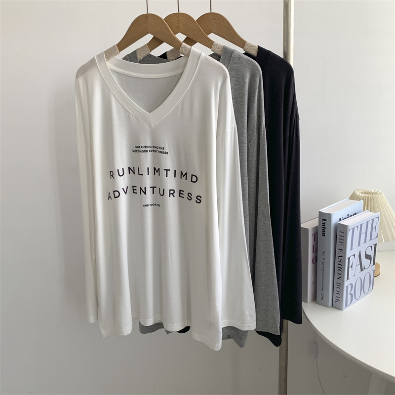 Mid-length Modal Large V-neck Letter Long Sleeve Pregnant Women Wear Lazy chubby girl Spring New All-match Top