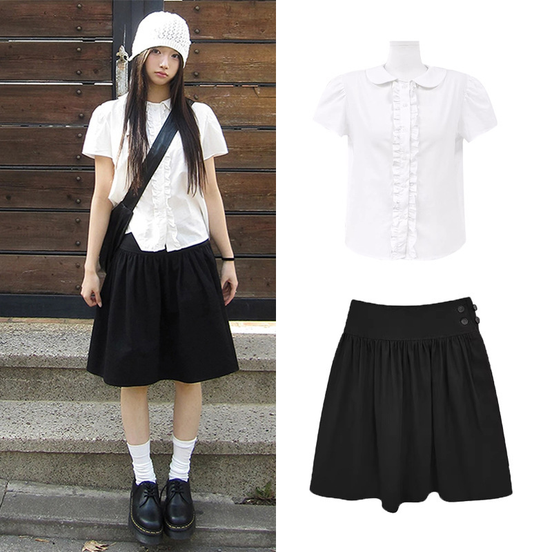 In Stock 2026 Summer New Korean Dongdaemun Academy Style Doll Collar Short-Sleeve Shirt High-Waisted Skirt for Women
