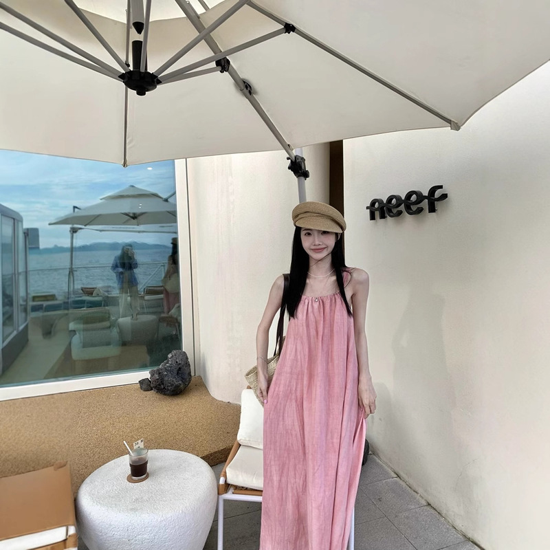 Pink Sling Long Dress Women's Summer New Seaside Vacation Beach dress Neck Design Niche Dress Pink Sling Long Dress Women's Summer New Seaside Vacation Beach dress Neck Design Niche Dress