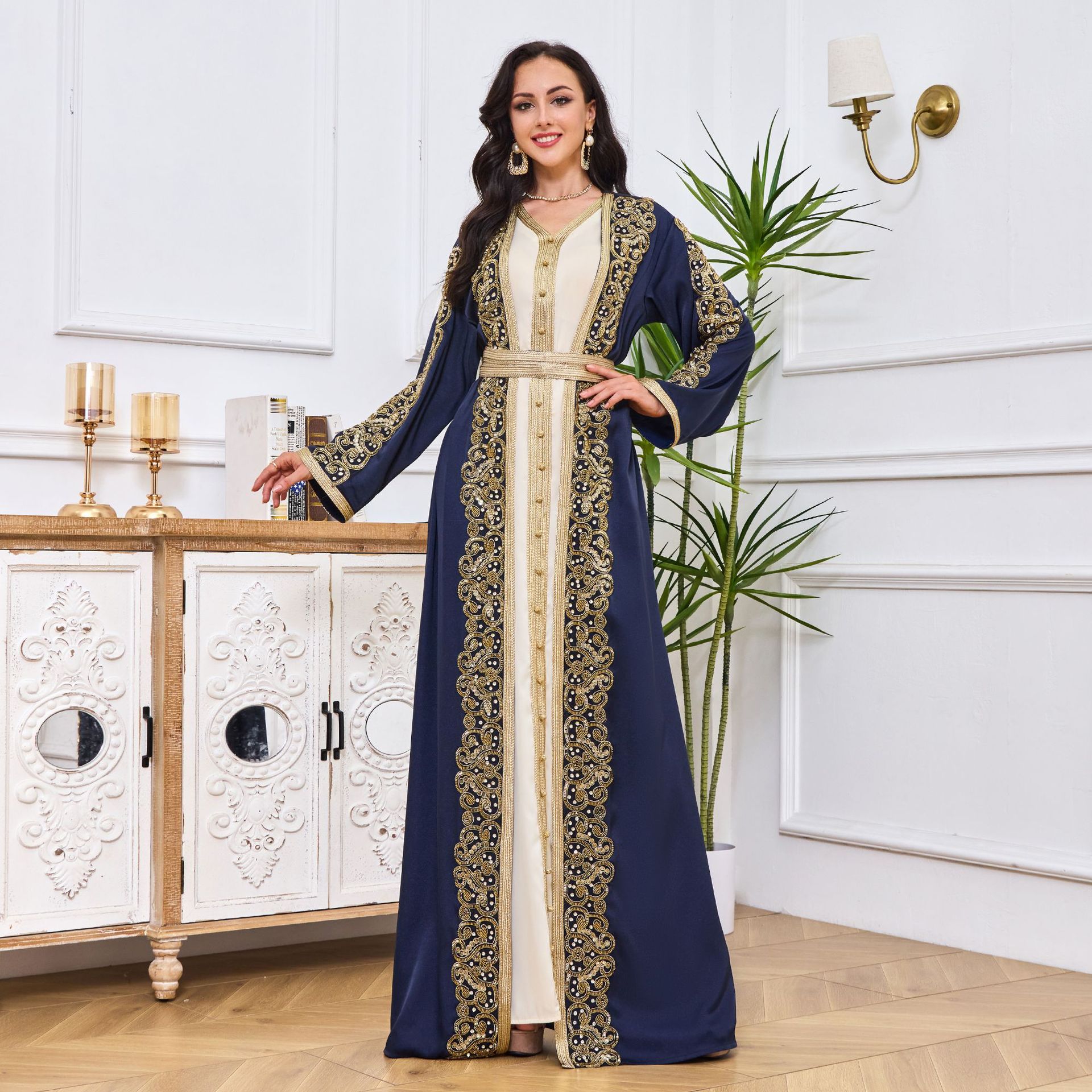 MT013 Arabic Robe Women's Beaded Cardigan Two-Piece Muslim Dress_voghion.com