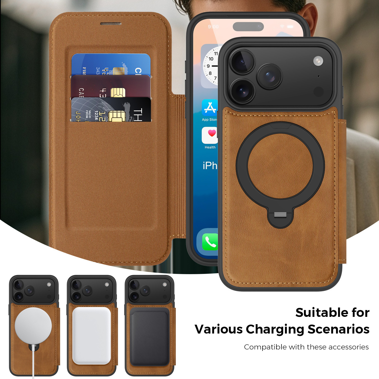 Ốp lưng da lật iPhone 16 Pro Max xoay 360 độ tích hợp giá đỡ từ tính — màu đen, màu xanh hoàng gia, Màu nâu, xám chi tiết 30