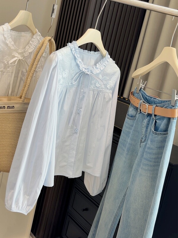 Korean-Style Sweet and Youthful Ruffled Round-Neck Embroidered Shirt for Women, New Spring Gentle Style Blue Long-Sleeve Cardigan Top Korean-Style Sweet and Youthful Ruffled Round-Neck Embroidered Shirt for Women, New Spring Gentle Style Blue Long-Sleeve Cardigan Top