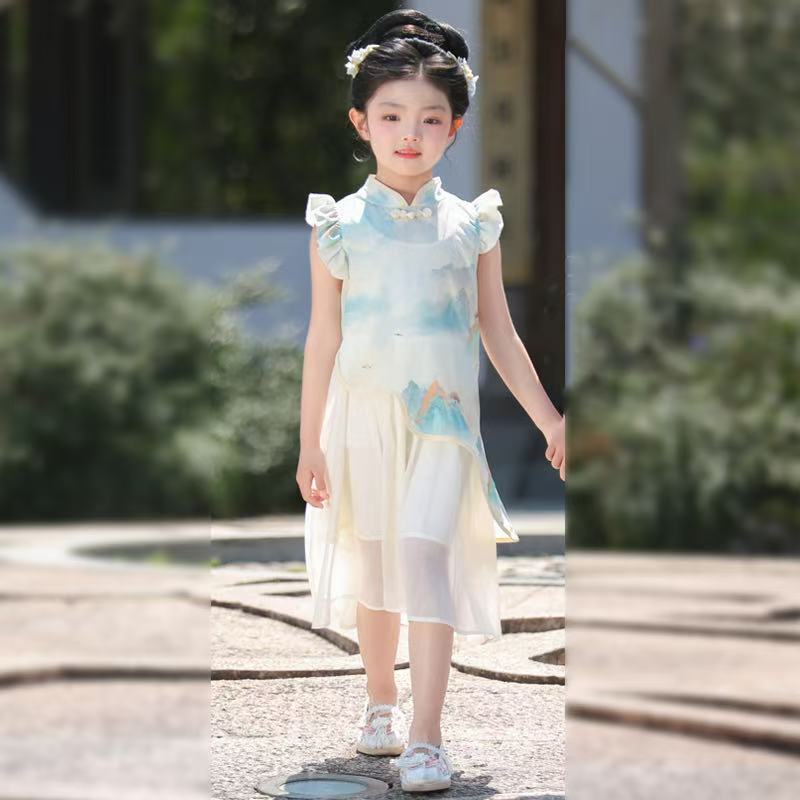 男の子と女の子のための子供用漢服、新しい中国風の漢服半袖スーツ、夏の新しい中国風の唐スーツ、中国学のパフォーマンススーツ|undefined