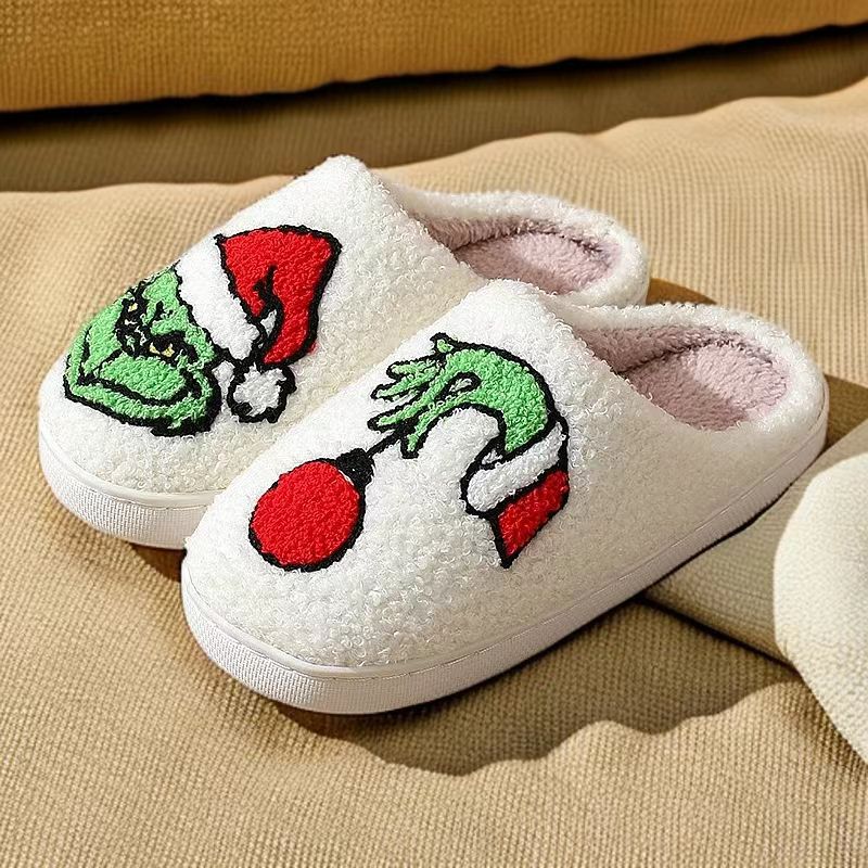 New Comfortable Home Cute Cartoon Grinch Winter Cotton Slippers for Men and Women Couple Warm Cotton Slippers
