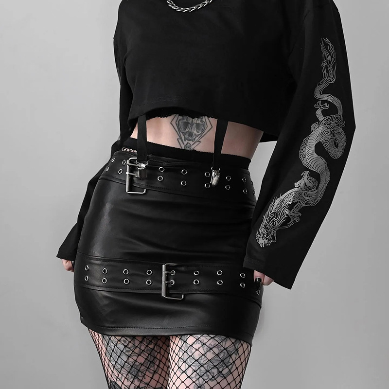 gothic style double belt PU leather sheath skirt NSGYB130467